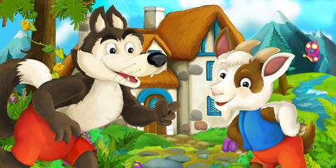 Cartoon scene with goat and wolf near village house - illustration for children