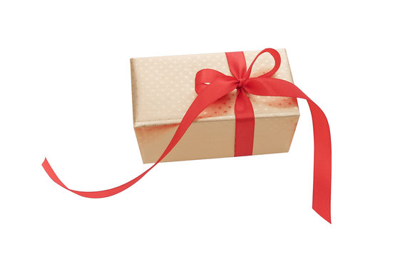 Gold Box With Red Ribbon.