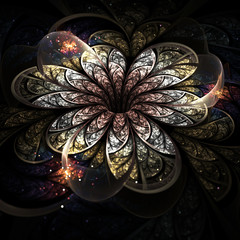 Gold fractal flower on dark background, digital artwork for creative graphic design