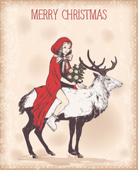 Vector Vintage Christmas card with girl in a red cloak on deer
