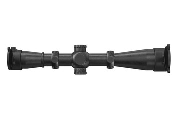 Scope optical aiming black military device, top view. 3D rendering