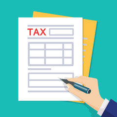 Man hands filling tax form.  Vector illustration. Flat style.