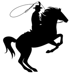 cowboy throwing lasso riding rearing up horse - black silhouette over white - obrazy, fototapety, plakaty