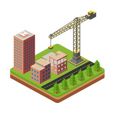 Industrial city building with construction cranes and building houses, a car, civil engineer in blue tones