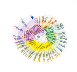 circle of euro banknotes money isolated on white background. bil