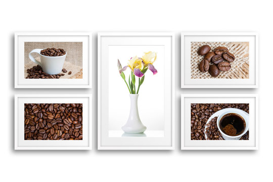 Collage of frames, coffee motif posters and vase with flowers. Interior decoration.