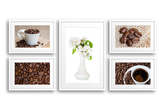 Collage of frames with coffee motif posters and vase with flowers. Interior decoration