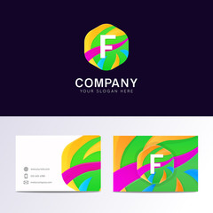 Abstract fun F letter logo sign. Flat children hexagon avatar ve