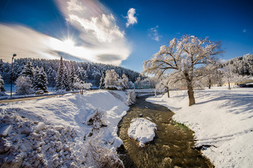 Fototapeta na wymiar Winter landscape of pine trees and a big hat snow and blue sky