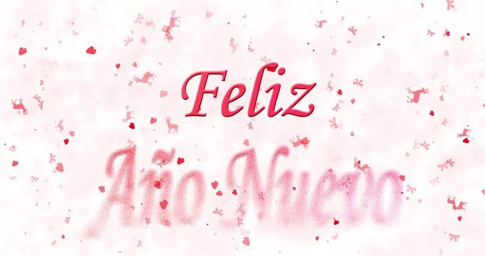 Happy New Year text in Spanish "Feliz ano nuevo" formed from dust and turns to dust horizontally on white animated background

