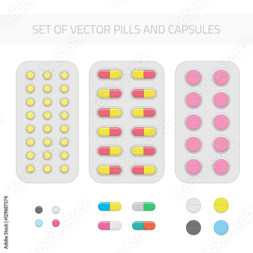 "Set of vector pills and capsules." Stock image and royalty-free vector