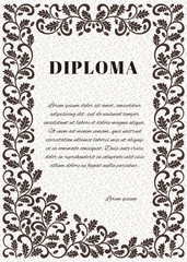 Template for diploma with ornate frame. Frame decorated twisted branches with oak leaves and acorns.