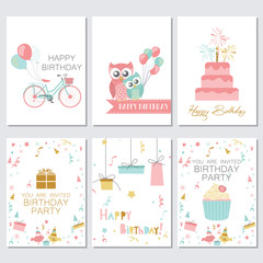 Birthday, greeting and invitation cards with cakes, balloons and birds