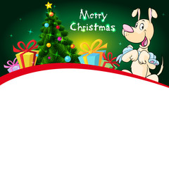 funny xmas design with christmas tree and dog hold doll - vector illustration
