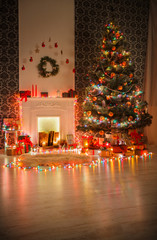 Christmas room interior design, decorated tree in garland lights