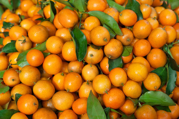 Orange. Fresh fruit background. With leaves.