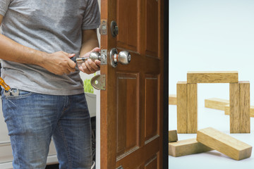 locksmith open the wood door to house loan concept - can use to display or montage on product