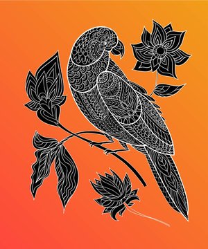 Ornamental parrot hand drawn. Vector illustration. Folk design. Line art. T-shirt designs.