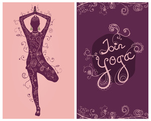 Floral yoga card with tree position woman