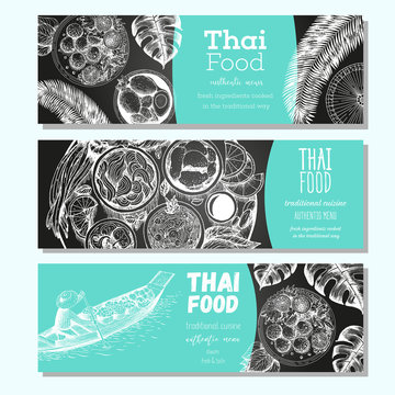 Asian food banner set. Asian food horizontal banner collection. Thai food menu restaurant. Thai food sketch menu. Linear graphic