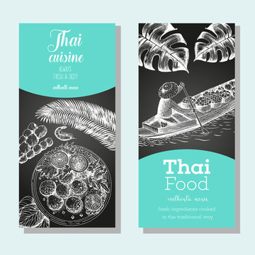 Asian food flyer set. Asian food vertical banner collection. Thai food menu restaurant. Thai food sketch menu. Linear graphic
