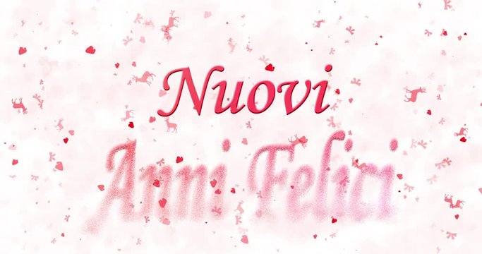 Happy New Year text in Italian "Nuovi anni felici" formed from dust and turns to dust horizontally on white animated background
