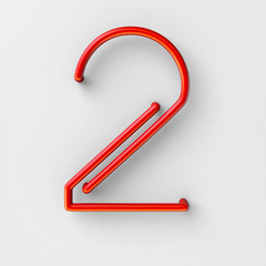 3d realistic RED Wire Font with soft shadows. Number 2. 3d rendering isolated on bright background.