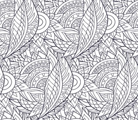Oriental seamless background doodle pattern. Vector illustration hand drawn. Fantasy flowers and leafs. Line art , black and white.