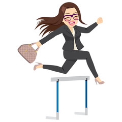 Happy businesswoman jumping hurdle successful concept overcoming difficulties in business