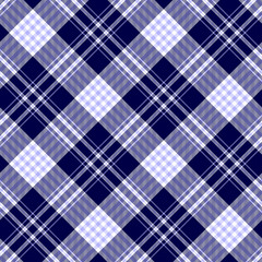 Seamless nautical style tartan plaid pattern. Checkered fabric texture print in pale blue & white stripes on dark navy blue background. 