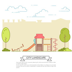 City landscape with playground in central park Line art