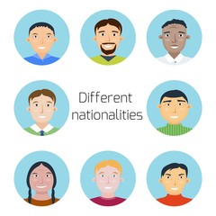 Set of people of different nationalities. Group of men, Chinese and Japanese, Korean and African, Indian and European