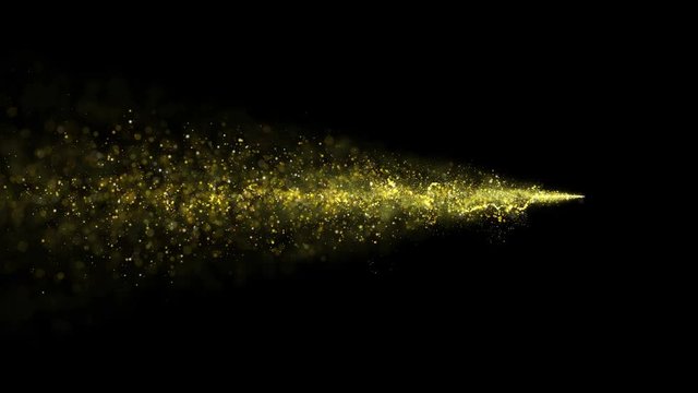 Gold glittering star dust trail of sparkling particles on black background. Space comet tail. Golden flying particles.
