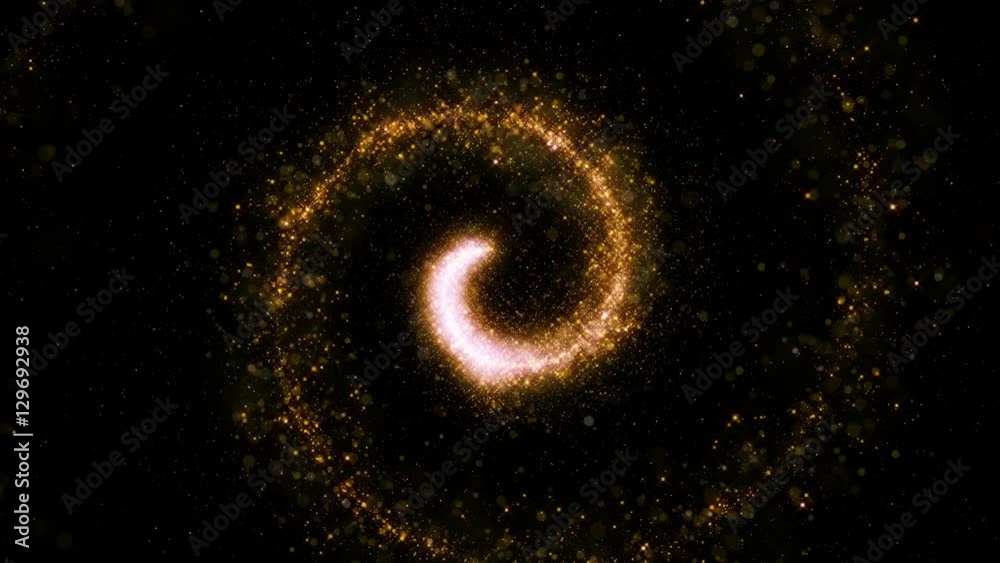 Aufkleber gold glittering star dust twisted spiral of trail sparkling particles on black background. space com