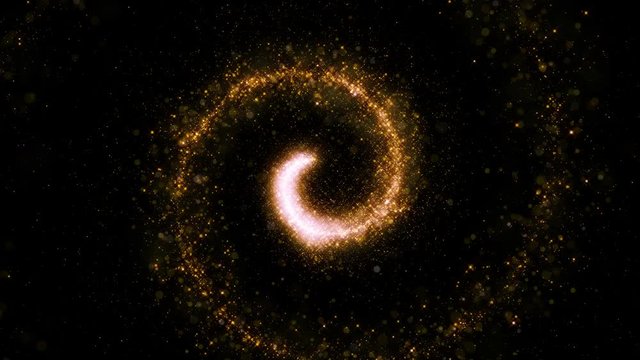 Gold glittering star dust twisted spiral of trail sparkling particles on black background. Space comet tail. Magic golden flying particles.