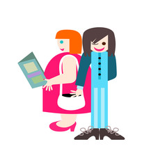 Redhead woman in a pink dress reading a magazine while hooligan in a blue dress reaches into her purse.