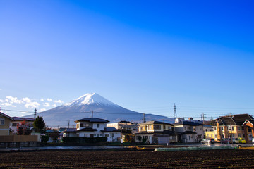 Fuji mountain and japanese house around kawaguchiko lake in autu