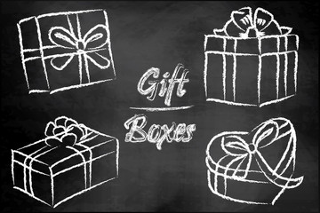 Gift box. Chalk board. Icon. Set. Congratulation.