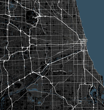 Black and white map of Chicago city. Illinois Roads