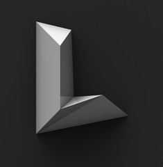 Monochrome Paper Polygonal Font on Dark Grey Background. Logo Concept. Letter L. 3d rendering
