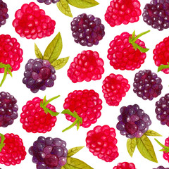 Seamless pattern with blackberries, raspberries and strawberries. Colorful illustration. Watercolor handpainted texture on white background for wallpaper, blogs,cover