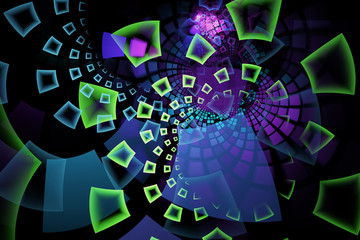 Fractal with large colorful curved tiles on black background, like windows to other dimensions or alternate worlds