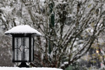 Street lamp with first snow crop left