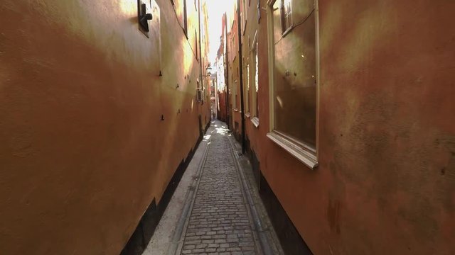 Ancient narrow street in central Stockholm. Old town. 4K.
