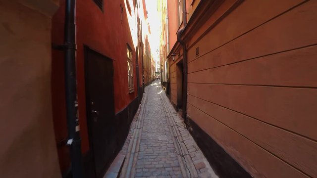 Ancient narrow street in central Stockholm. Old town. 4K.
