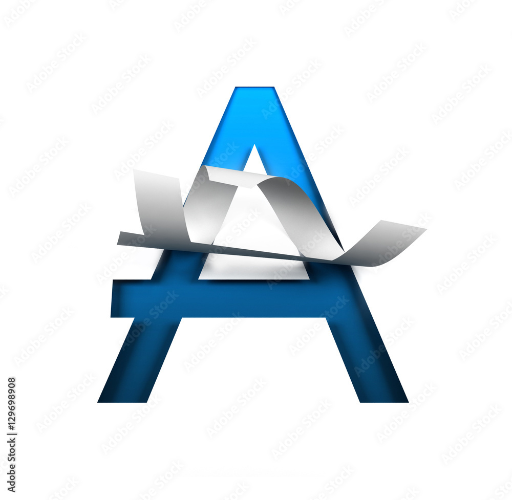 Poster curl paper font on cut out background. letter a. 3d rendering