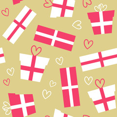 Fototapeta premium Valentine's Day vector seamless pattern. Flat cartoon gifts and presents on golden background. Cute girly pattern design. Great for wrapping and textile.