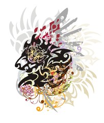 Grunge tribal lion head. The growling lion's head with colorful floral splashes and feathers, an eagle wing and cat's head