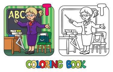 Teacher coloring book. Profession ABC. Alphabet T