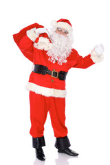 Santa Claus standing with his sack full of presents, isolated on white background. Full length portrait